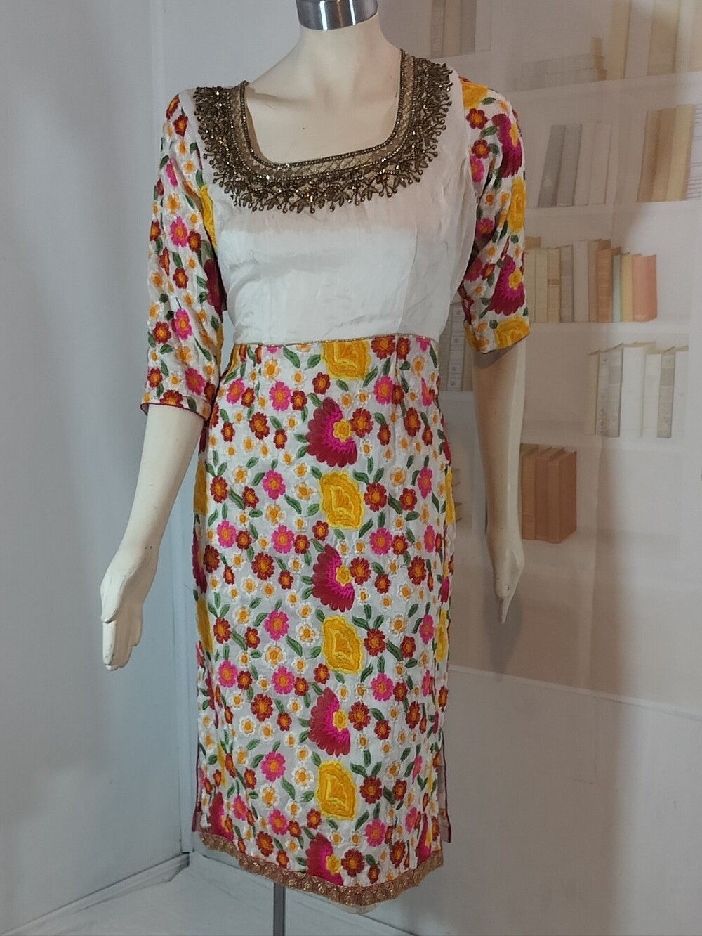 & Other Stories White Bodice Floral Midi Dress with Pink and Yellow Print